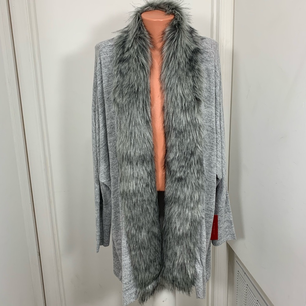 Jennifer Lopez Gray Faux Fur Trim Cardigan